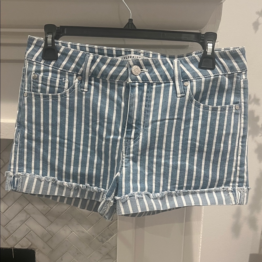 Celebrity Pink Blue and White Striped Jean Shorts